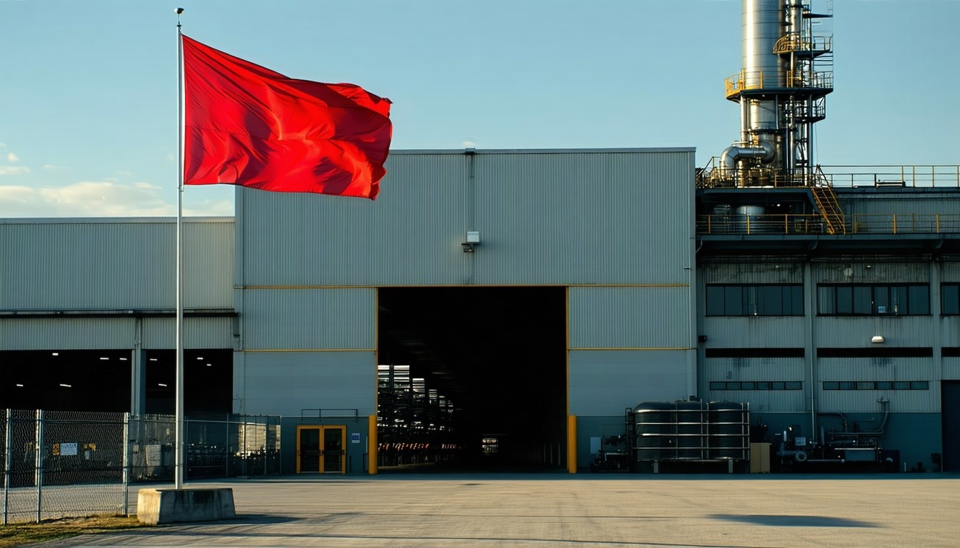 Bright red flag outside an industrial facility