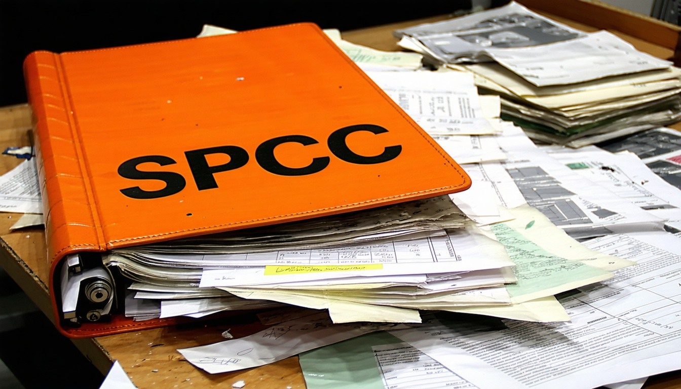 Example of a poorly maintained SPCC Plan binder Orange binder with worn surface displaying SPCC in bold letters