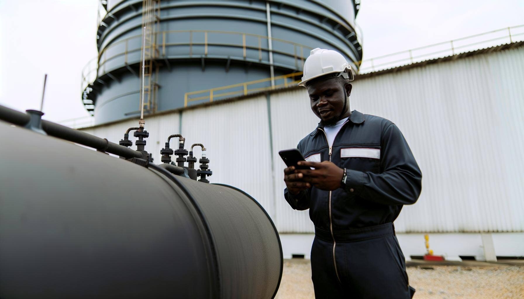 Employee Taking Annual SPCC Training Online from Cell Phone industrial employee next to small cylindrical oil tank watching training course on phone