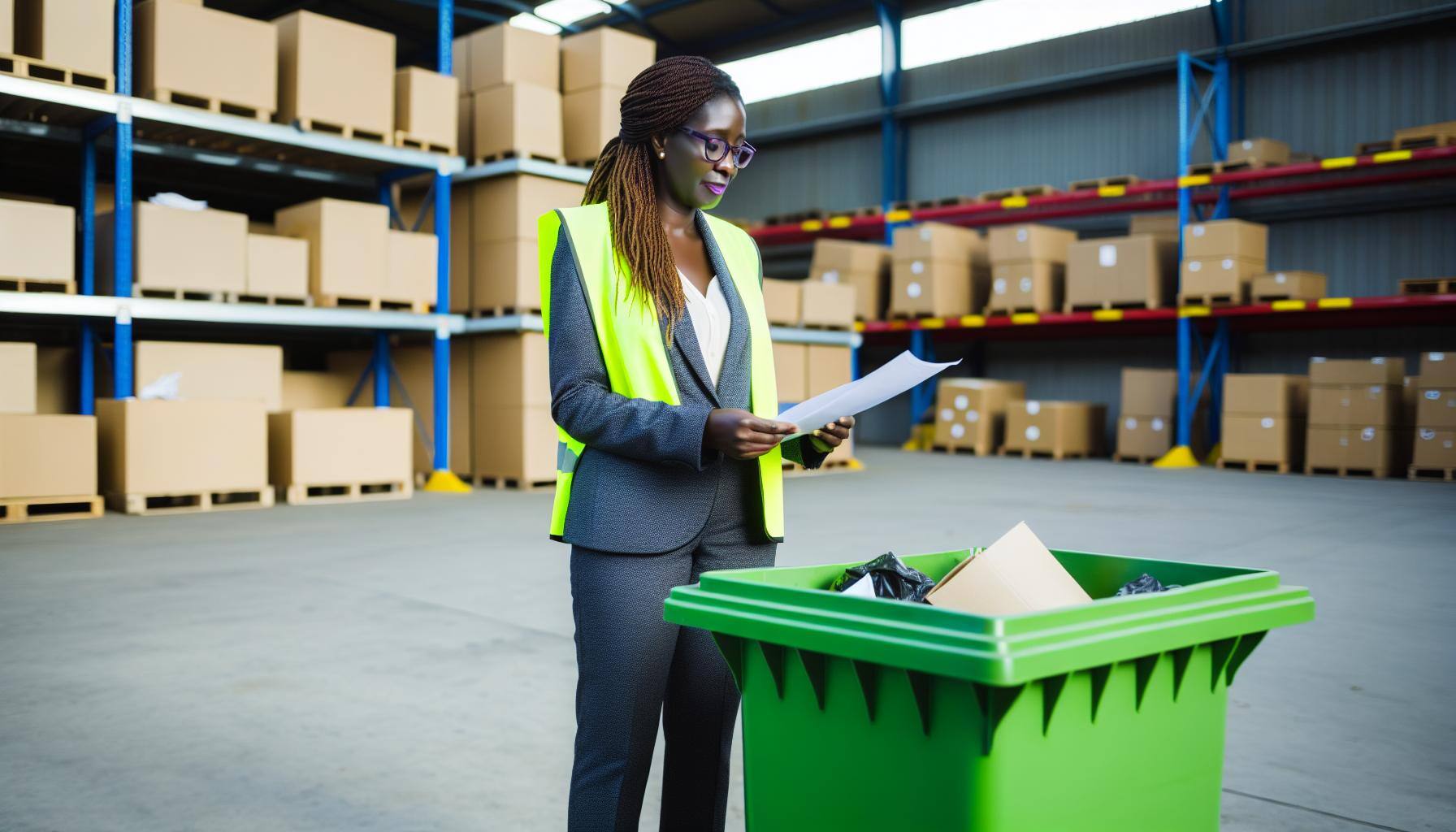 Environmental Consultant Developing Recycling Program Female Environmental Consultant Standing Next to Reycycling Bin at Industrial Facility
