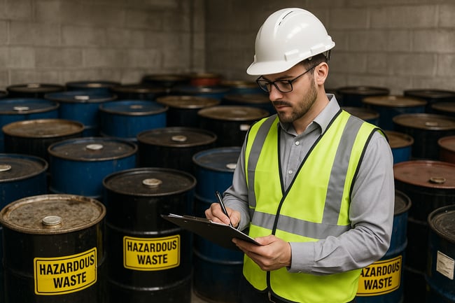 consultant in safety vest taking notes in a room full of hazardous waste drums