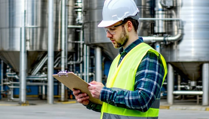 Environmental manager in safety gear inspecting an industrial site Environmental manager in a safety vest and hard hat taking notes on a clipboard at an industrial facility
