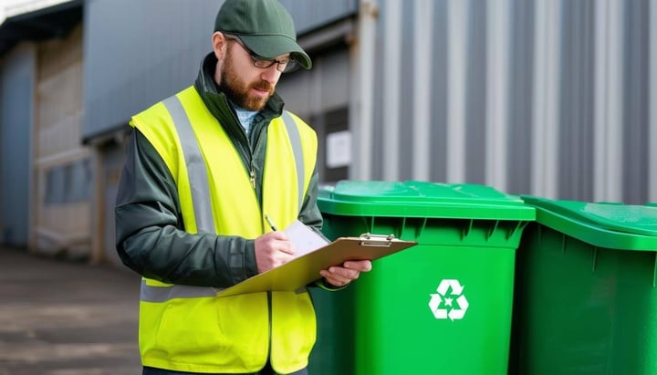 Environmental manager taking notes by green recycling bin Environmental manager taking notes by green recycling bin