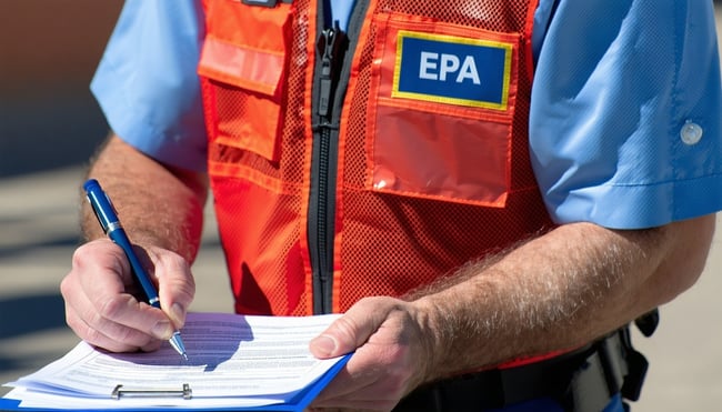 EPA environmental inspection government EPA inspector in red vest writing citation with EPA on vest-1