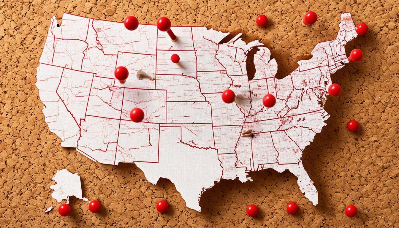 Map of the US with pins stuck in it