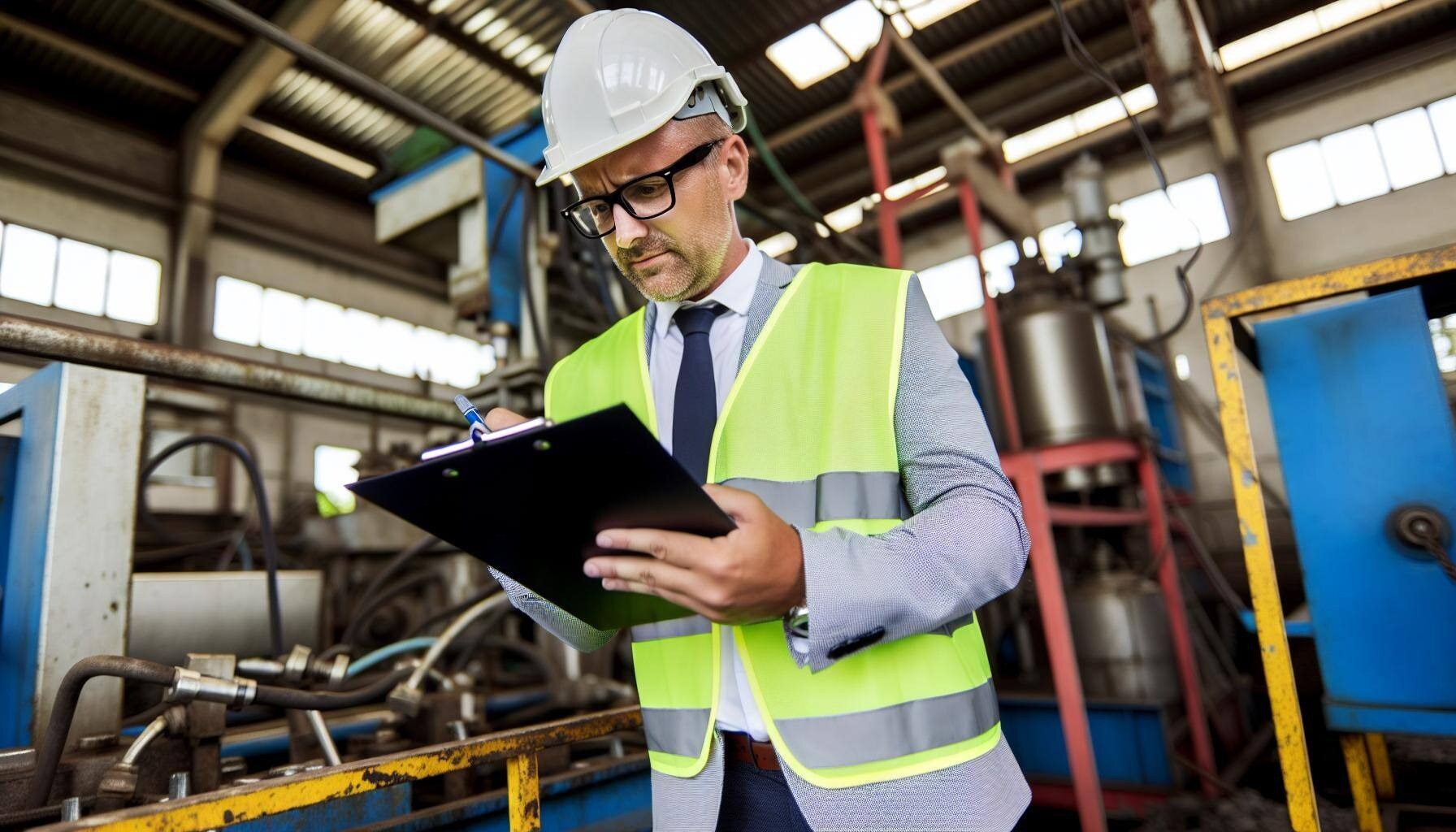 Environmental Consultant Conduting Phase I ESA to Investigate PFAS Contamination environmental consultant taking notes on a clipboard at an industrial facility