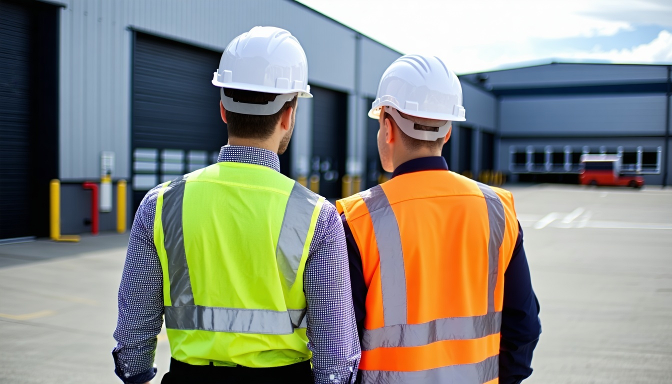 Consultant and manager inspect warehouse together environmental consultant and manager stand outside building