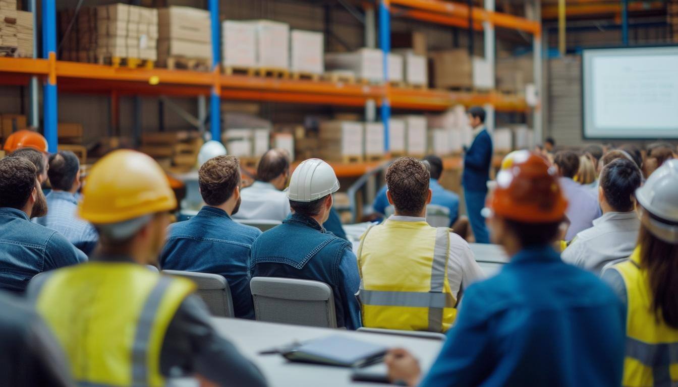 room of industrial employees in a warehouse listening to presentation from training manager