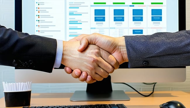 shaking hands in front of a computer monitor with an environmental management system running