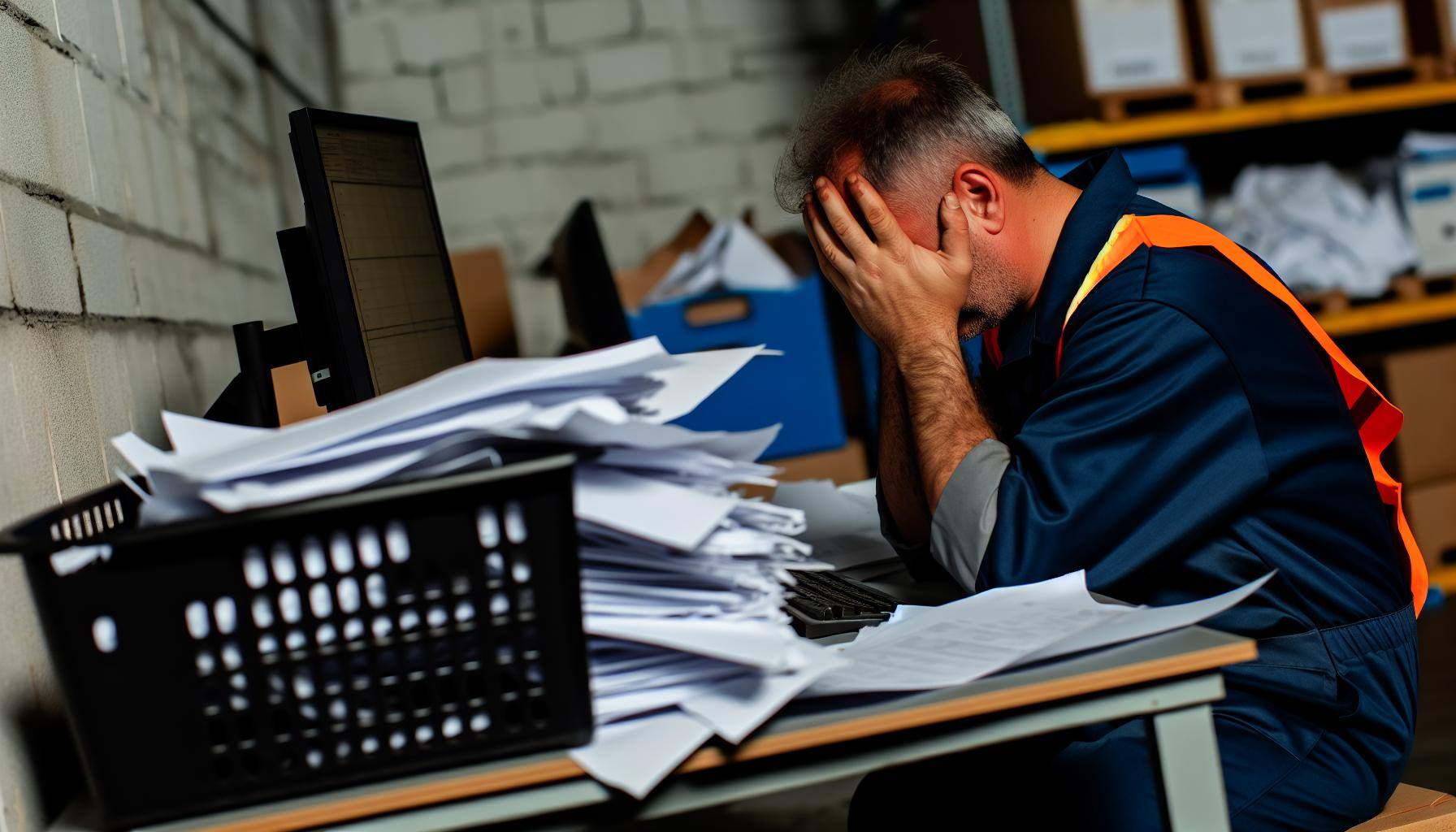Industrial manager stressed about environmental violation industrial worker sitting at computer with paperwork strewn looking overwhelmed and stressed