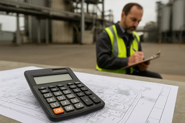 Environmental consultant conducts audit with calculator in foreground
