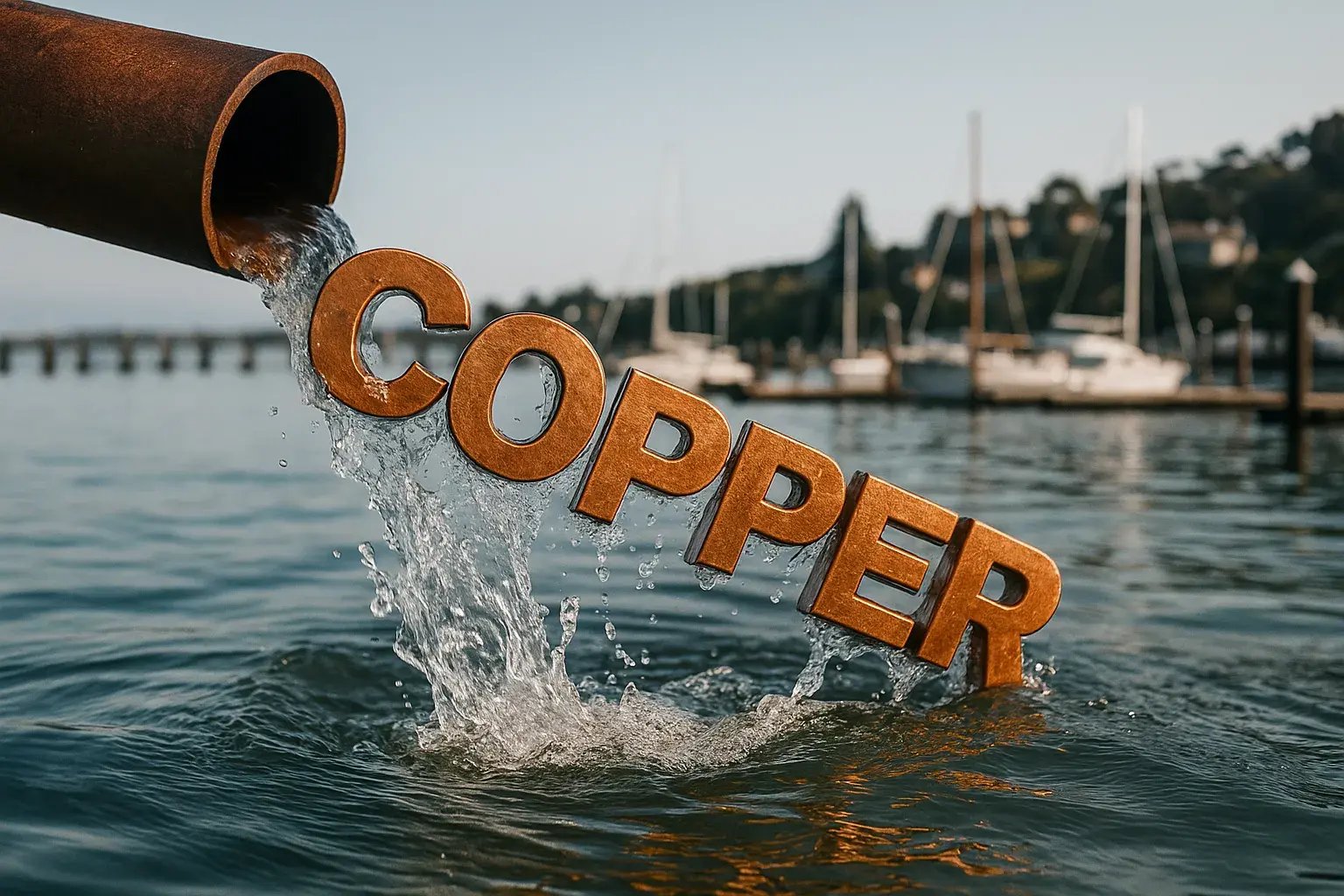 copper letters spilling from discharge pipe at marina