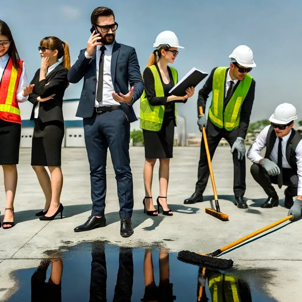 Team of employees around oil spill