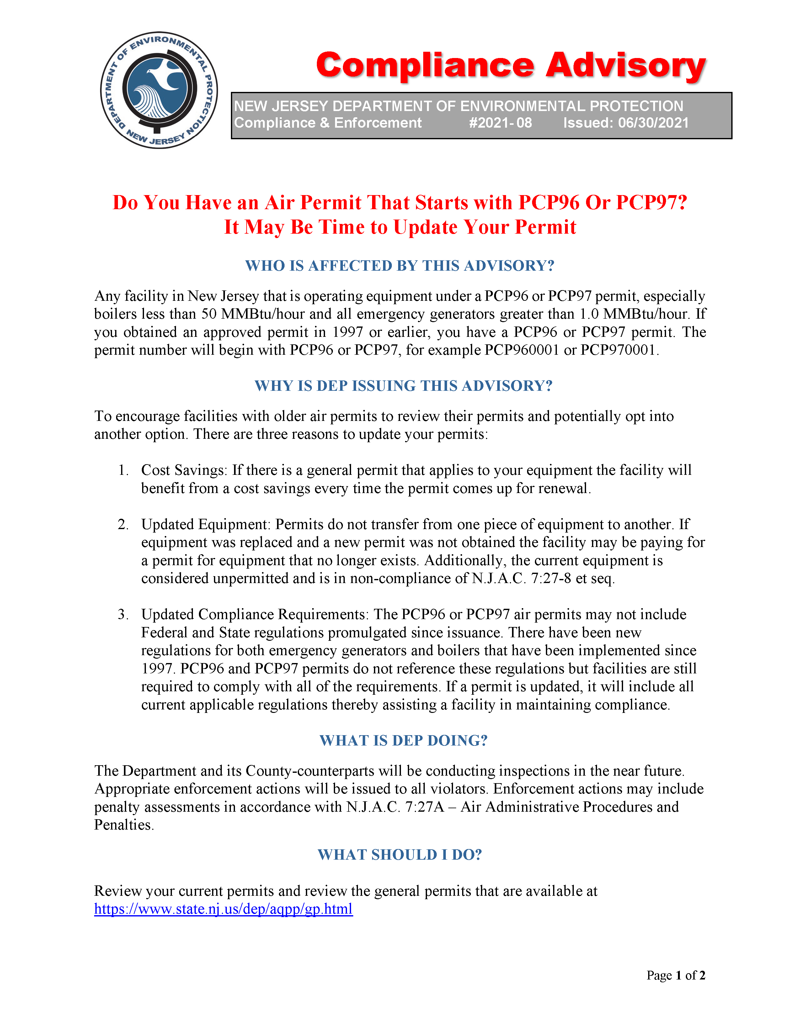 NJDEP PCP96 Air Permit Compliance Advisory