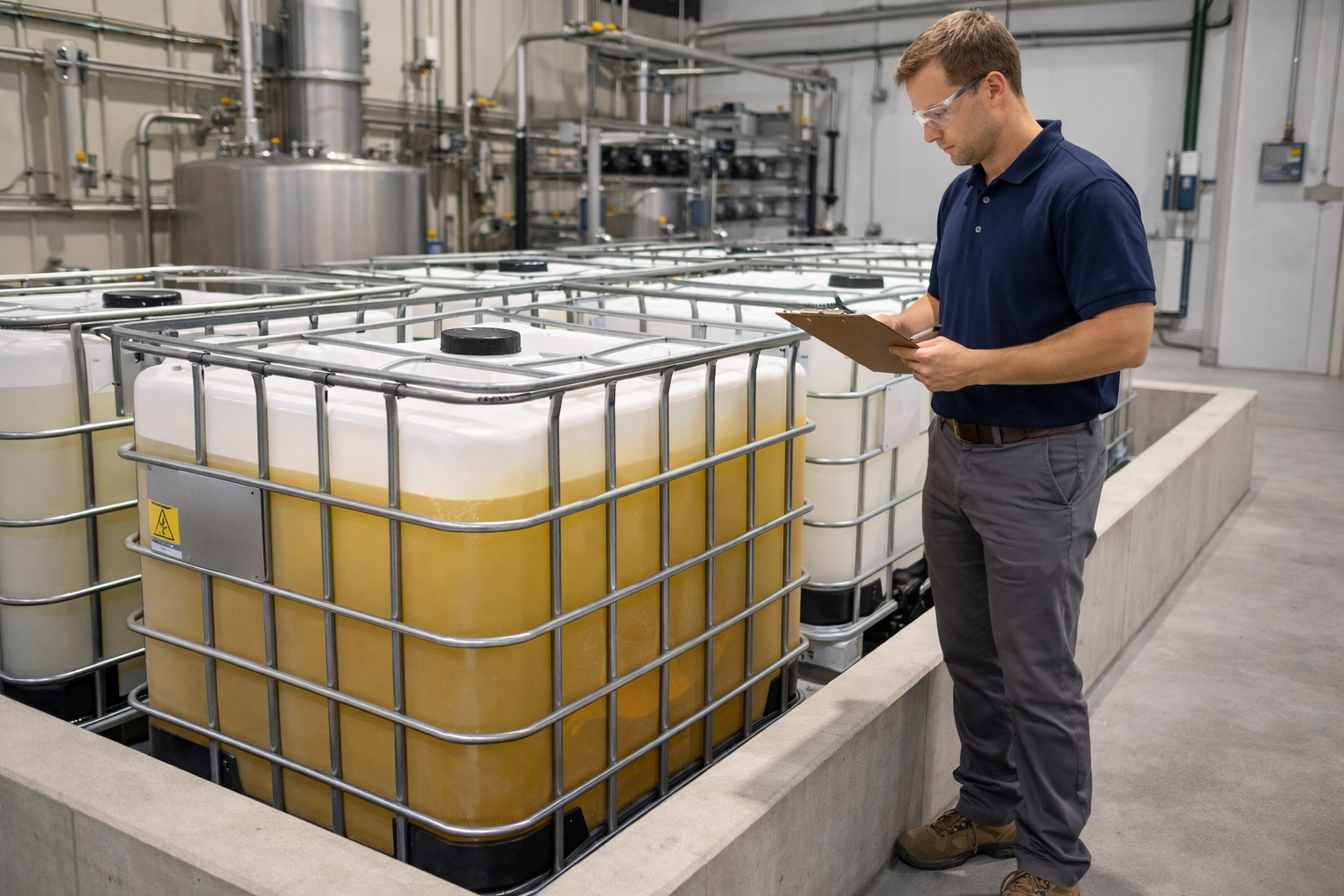 man inspecting tote of used cooking oil