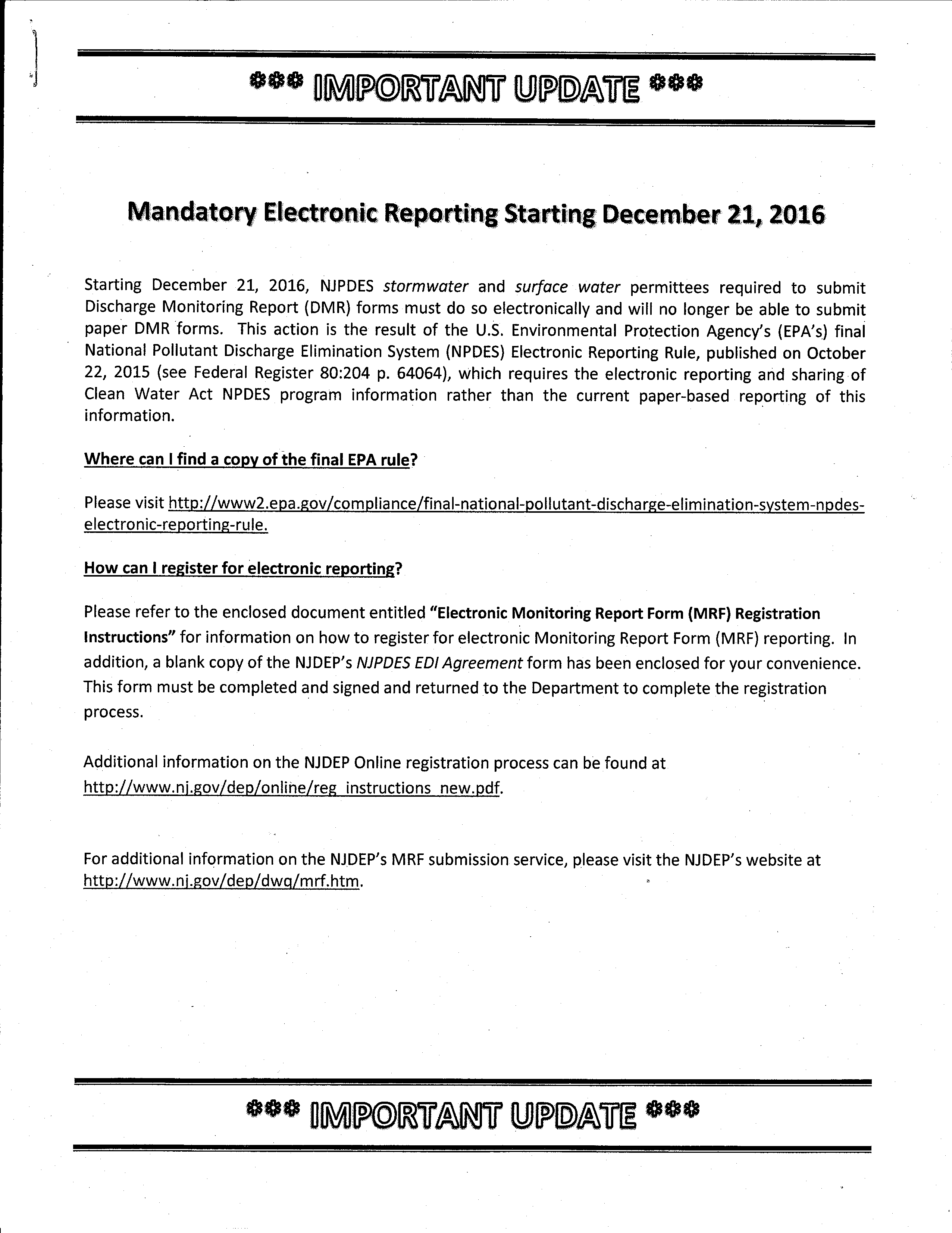 New Jersey's Electronic DMR Reporting Notice